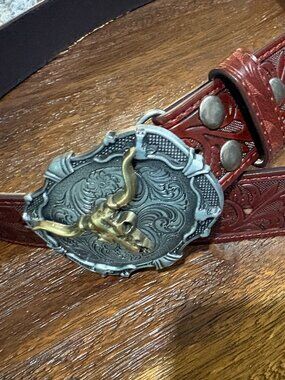 Western Longhorn Skull Buckle  Brown Printed Leather Belt  XL NEW